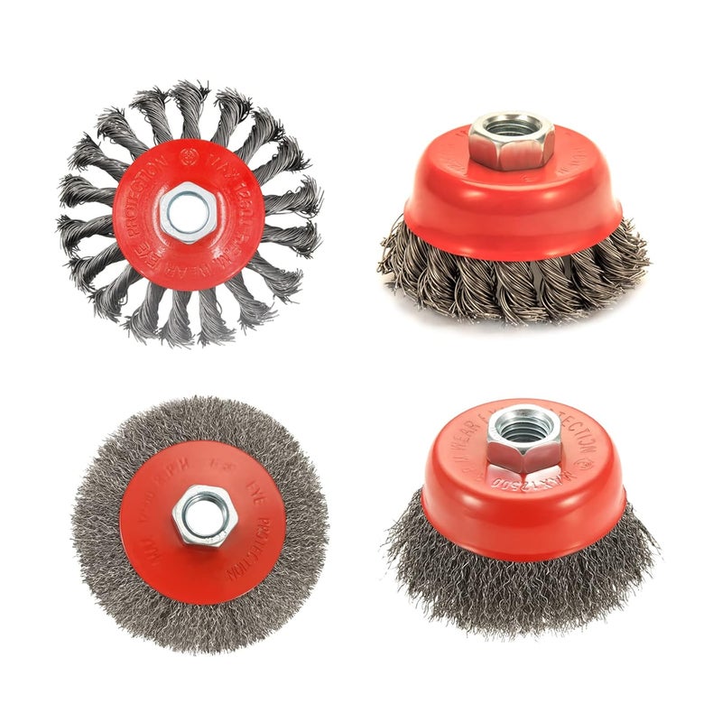 AUPREX 4 Pack Wire Wheel Brush Set for Angle Grinders, 4 & 3 Inch, 5/8'-11 Thread Arbor, Twist Knotted Coarse Crimped Wire Brushes - Image 1
